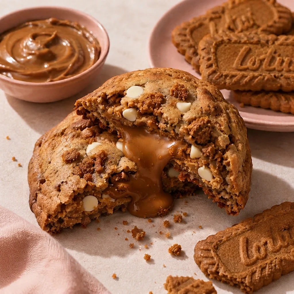 A Jo & Co. NYC cookie, broken open to show the molten Biscoff centre